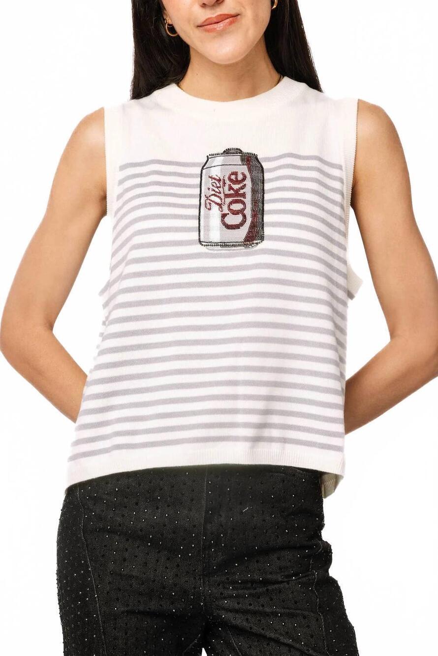 NEW QUEEN OF SPARKLES licensed diet coke can knit tank top in white and grey str